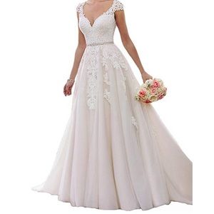 V-Neck Lace Wedding Dresses with Cap Sleeves